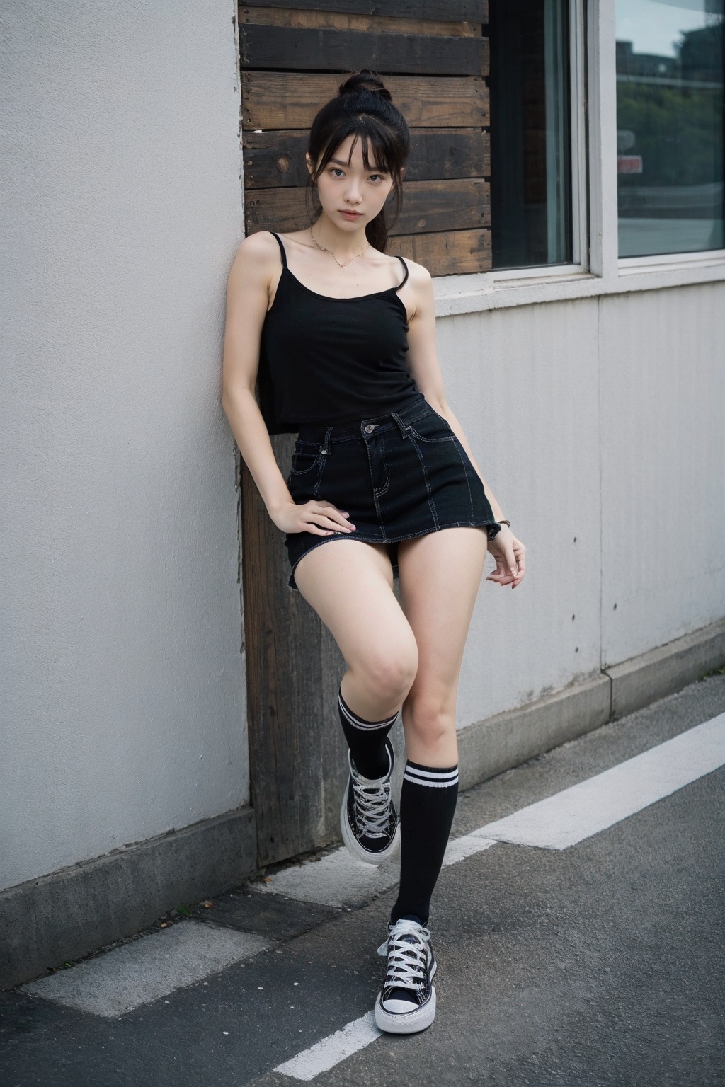 masterpiece,best quality,ultra detailed,detailed face,8K,1girl,solo,squat,leg,shoes,cvas,black shoes,<lora:converse all star:1.1>,