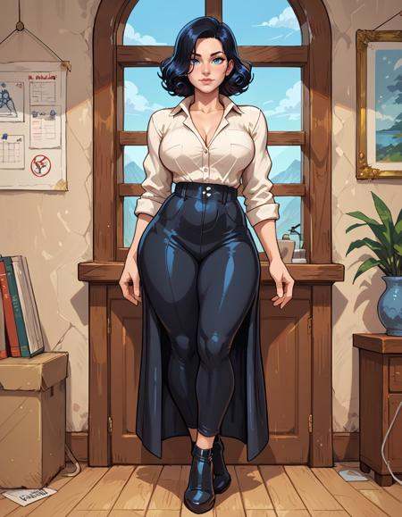 score_9, score_8_up, score_7_up, score_6_up, score_5_up, score_4_up, detailed, best quality, detailed skin, detailed background BREAK sexy girl flirting with viewer, legs crossed BREAK cowboy shot, view through the window BREAK BREAK curvy, girl with huge ass, size difference,, girl with curly black hair, BREAK girl wearing black high heel shoes, BREAK