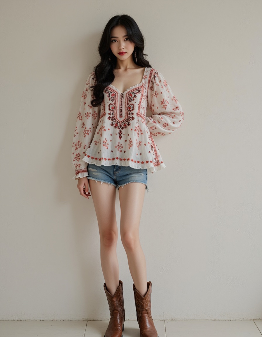 Peasant top,denim shorts,cowboy boots， a real picture of a south korea woman,