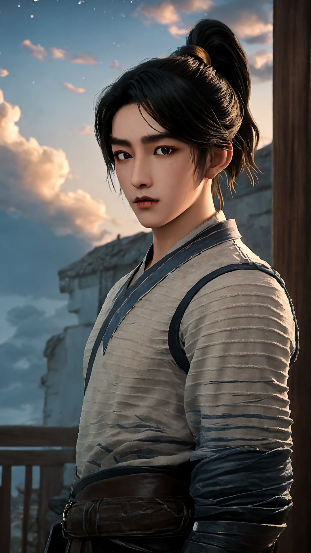 solo,black hair,looking at viewer,realistic,black eyes,lips,closed mouth,scar,short hair,ponytail,day,<lora:Chenpingan Boy_20240906021908:0.8>,1boy,<lora:20240601-1717253745719:0.7>,old,ponytail,<lora:hanfu_20231118200453:0.7>,upper_body,the top of the hill,starry sky,cumulus_fractus,full_armor,
