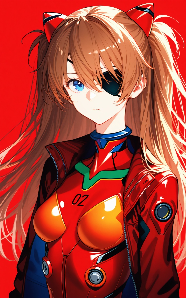 (masterpiece),(best quality),illustration,ultra detailed,hdr,Depth of field,(colorful),1girl,solo,souryuu asuka langley,eyepatch,red background,blue eyes,plugsuit,long hair,jacket,looking at viewer,breasts,upper body,red bodysuit,bodysuit,simple background,brown hair,open clothes,two side up,bangs,open jacket,closed mouth,interface headset,long sleeves,hair between eyes,brown jacket,red jacket,medium breasts,