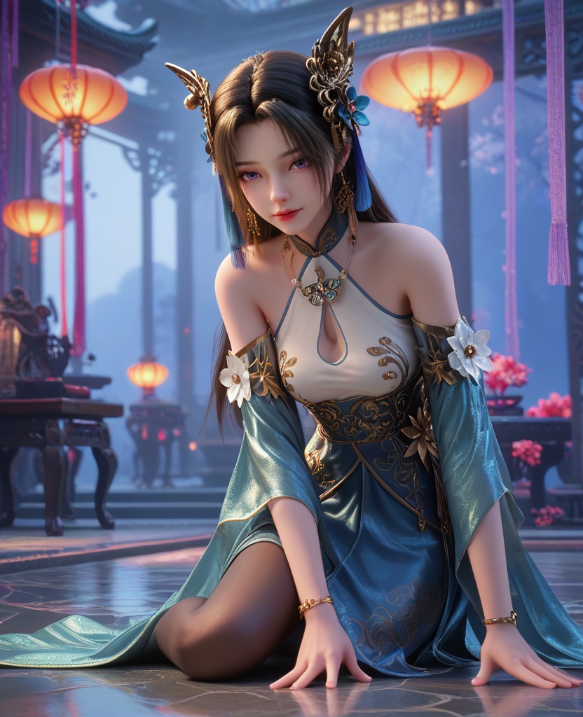 (oriental architecture, elegant decor, sophisticated style:1.1),(Leaning forward with hands on knees,:1.1),(breasts:1.2),<lora:XL16克金玩家璎珞:0.95>,miss yingluo,blue peplum gown with white corset,violet eyes,black hair,long hair,hair ornament,necklace,jewelry,bracelet,black pantyhose,wide flowing sleeves,faux floral embellishments,, score_9,score_8_up,score_7_up,score_6_up,score_5_up,score_4_up,3d rendering,tag1,tag2, Cinematic Lighting,backlighting,, zPDXL3, zPDXL2,zPDXL, zPDXLxxx, zPDXLrl,