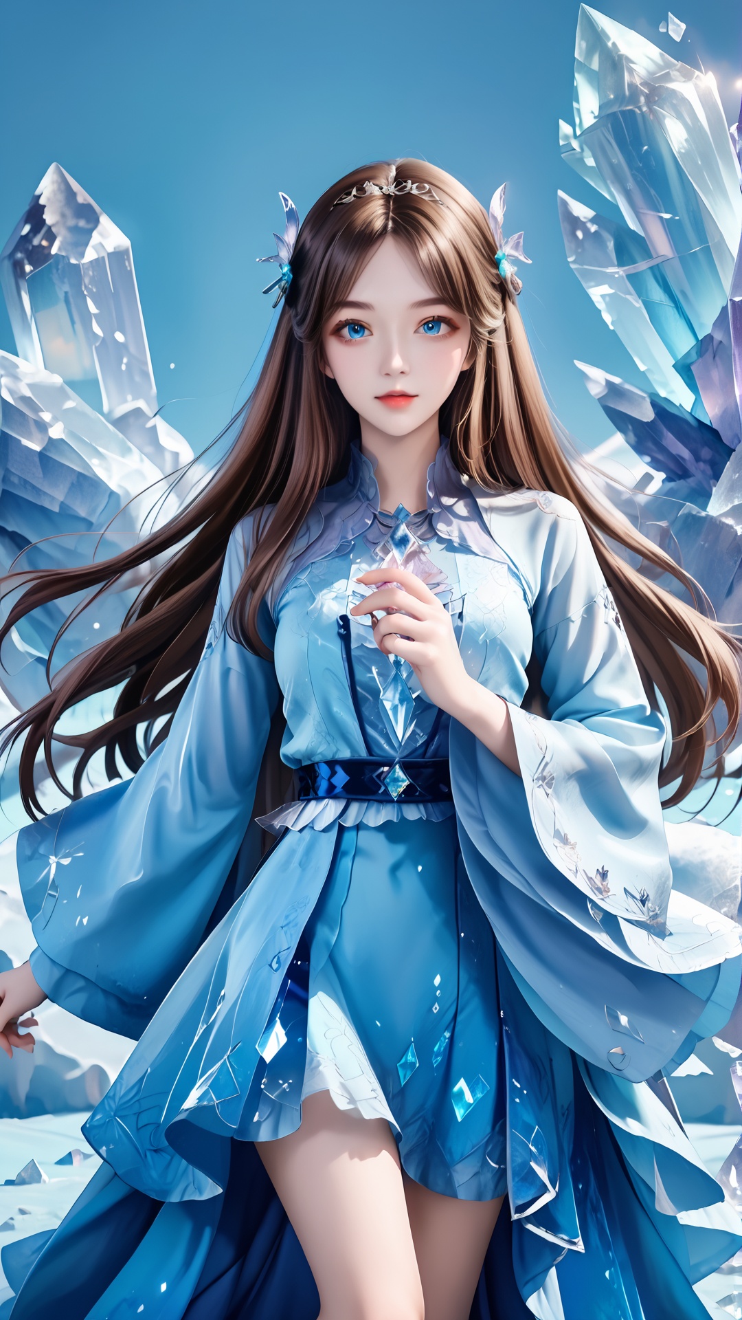 1girl, long hair, brown hair, solo, dress, blue dress, ice, hair ornament, crystal, looking at viewer, blue eyes, blue background, wide sleeves, long sleeves,<lora:pony宁荣荣-000008:0.8>,