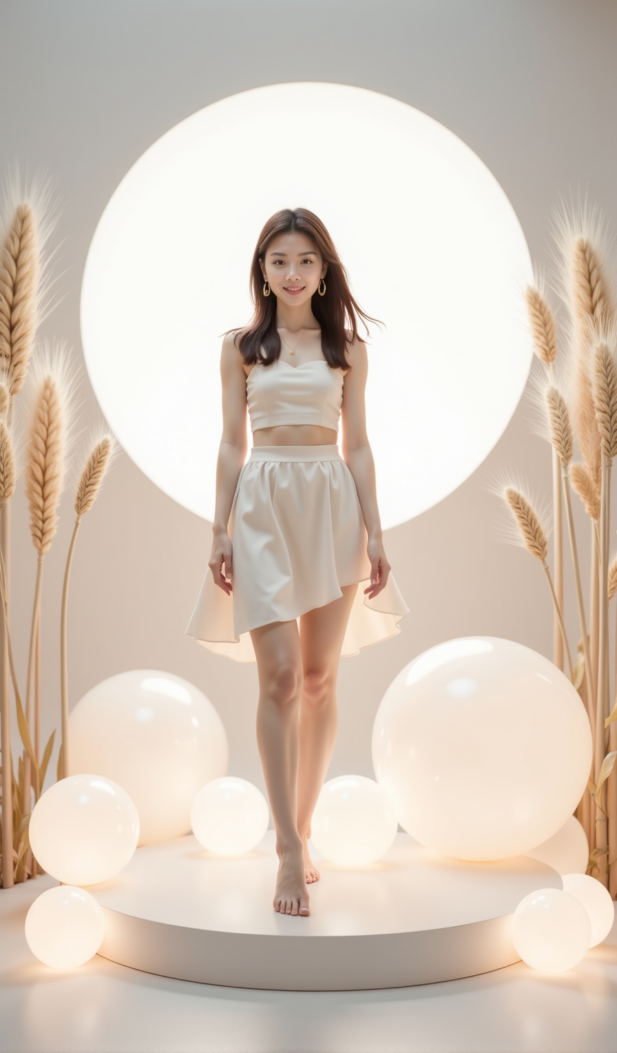 frontal shot,a RAW ultra-realistic photo,UHD,8k,1 girl, smiling, her face casting shadows, barefoot standing on a circular booth, bare long legs, around the booth scattered with many huge luminous spheres, the whole body, dressed in a wide and elegant tube top miniskirt, behind is a huge moon, the theme is mainly white, the left and right sides of the background are super high huge ears of wheat, the background is light gray, very visual impact.<lora:MUSEN-护花使者-FLux:1>,