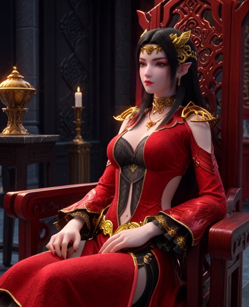 (oriental architecture, elegant decor, sophisticated style:1.1),(sitting on a throne of fire:1.1),(breasts:1.2),<lora:XL斗破苍穹美杜莎:0.95>,miss meidusha,lace corset bra paired with red long sleeved slit dress,red long sleeved slit dress,shoulder cutout,double cuffs,black hair,circlet,pointy ears,earrings,shoulder armor,belt,back cutout,lace inner overskirt,long hair,necklace,, score_9,score_8_up,score_7_up,score_6_up,score_5_up,score_4_up,3d rendering,tag1,tag2, Cinematic Lighting,backlighting,