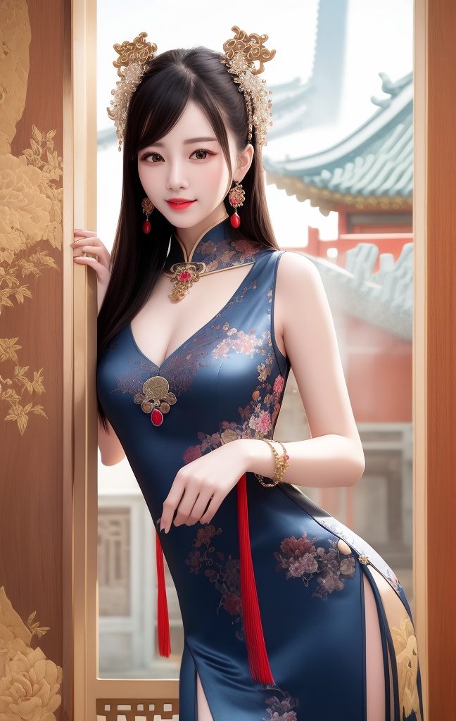 best quality, masterpiece, highres, 1girl,china dress,Beautiful face, hair ornament, solo,looking at viewer,smile,closed mouth,lips, dress,hair ornament, necklace, jewelry, long hair, earrings, chinese clothes, architecture,east asian architecture <lora:GuoFeng3.2_Lora_light:1>