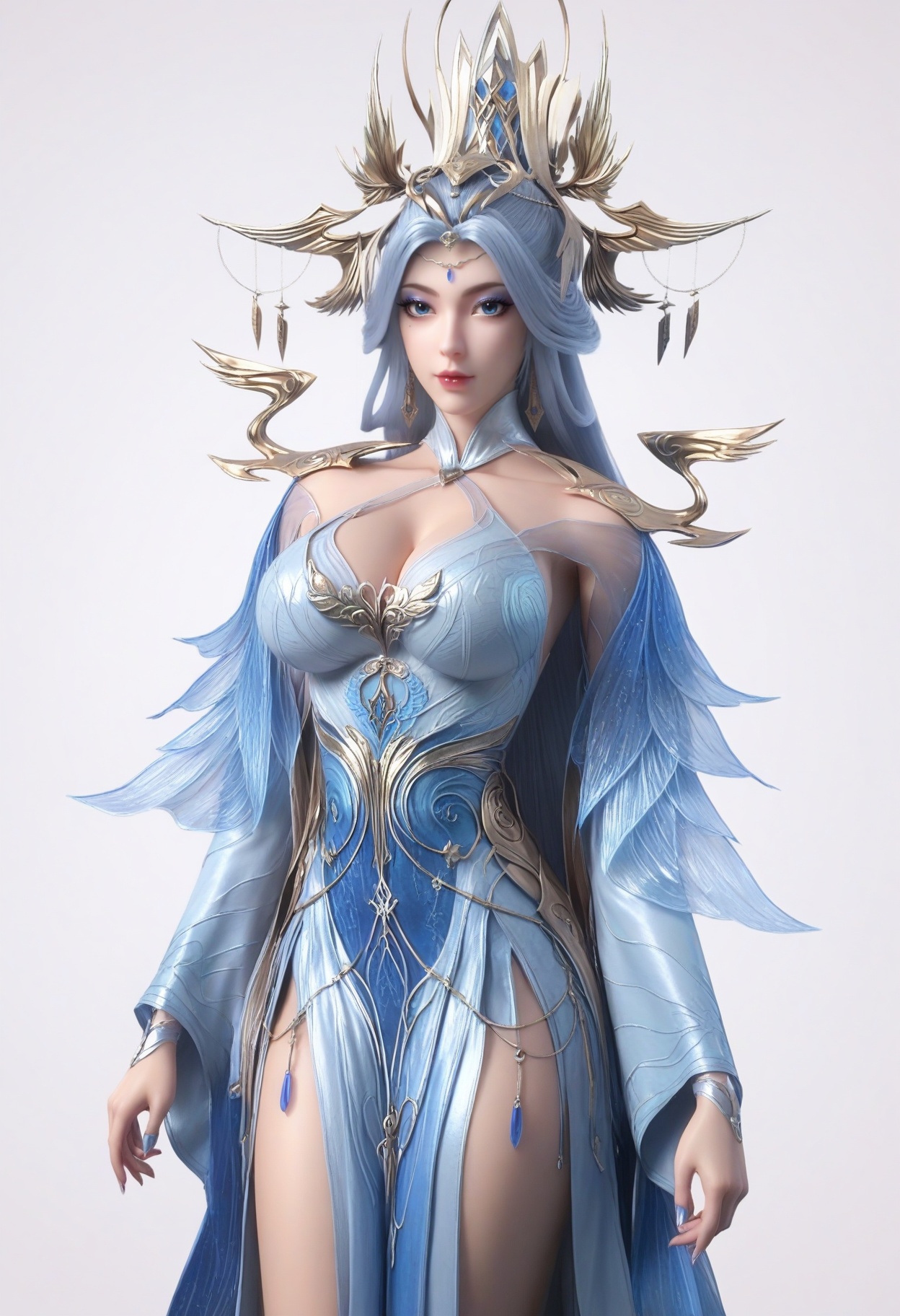 score_9,<lora:SF_NingYuDieSecondCothing_Pony_Realism2.3-000003:0.7>,hair ornament,long hair,dress,eyeshadow,blue eyes,1girl,breasts,large breasts,solo,looking at viewer,white background,simple background,