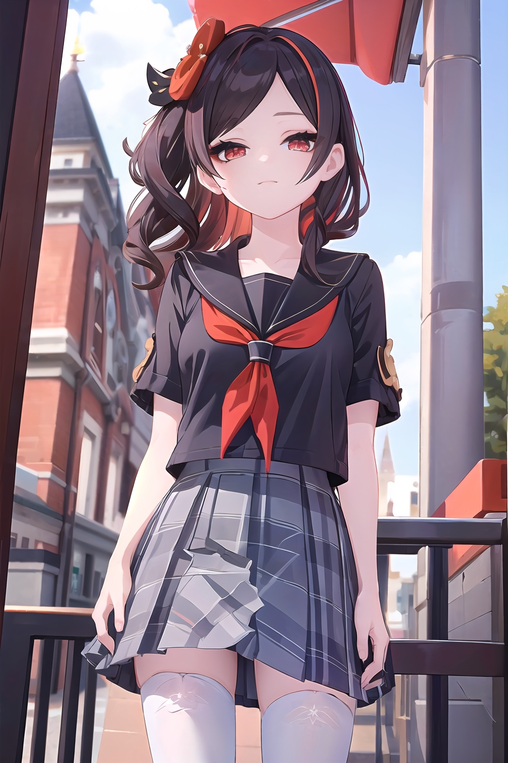 insanely detailed,absurdres,ultra-highres,ultra-detailed,best quality,slender,kawaii,perfect symmetrical face,ultra cute girl,ultra cute face,ultra detailed eyes,ultra detailed hair,ultra cute,ultra beautifu,Chiori,solo,1girl,red eyes,outdoors,white pantyhose,serafuku,plaid_skirt,school uniform,white thighhighs,<lora:wsal:0.4>,<lora:qianzhi_2-000005:0.9>,