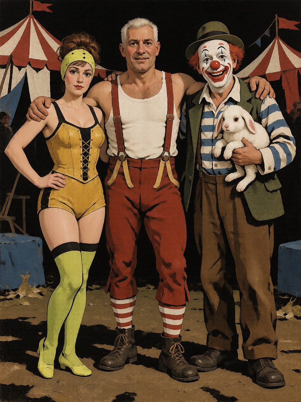 Three circus performers posing together: a woman in a bright yellow acrobat costume,  a strongman wearing red trousers and...