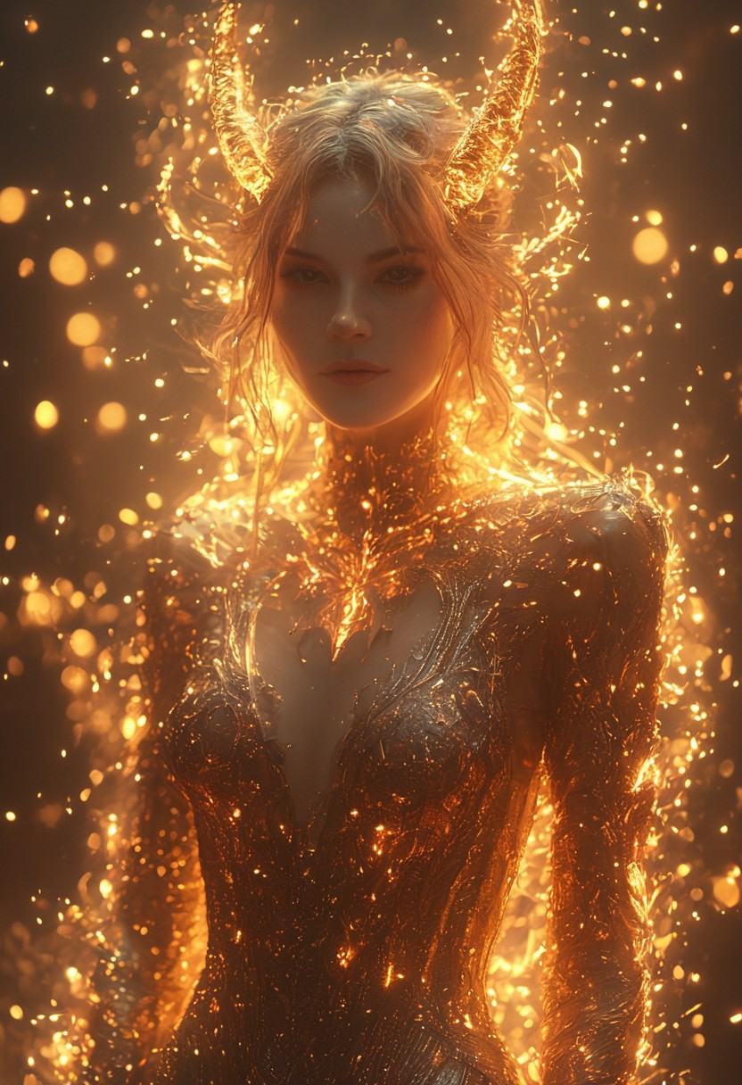 a beautiful man is wearing a devil costume and Horns on his front made of gold and fire,  glowing light particles and spar...