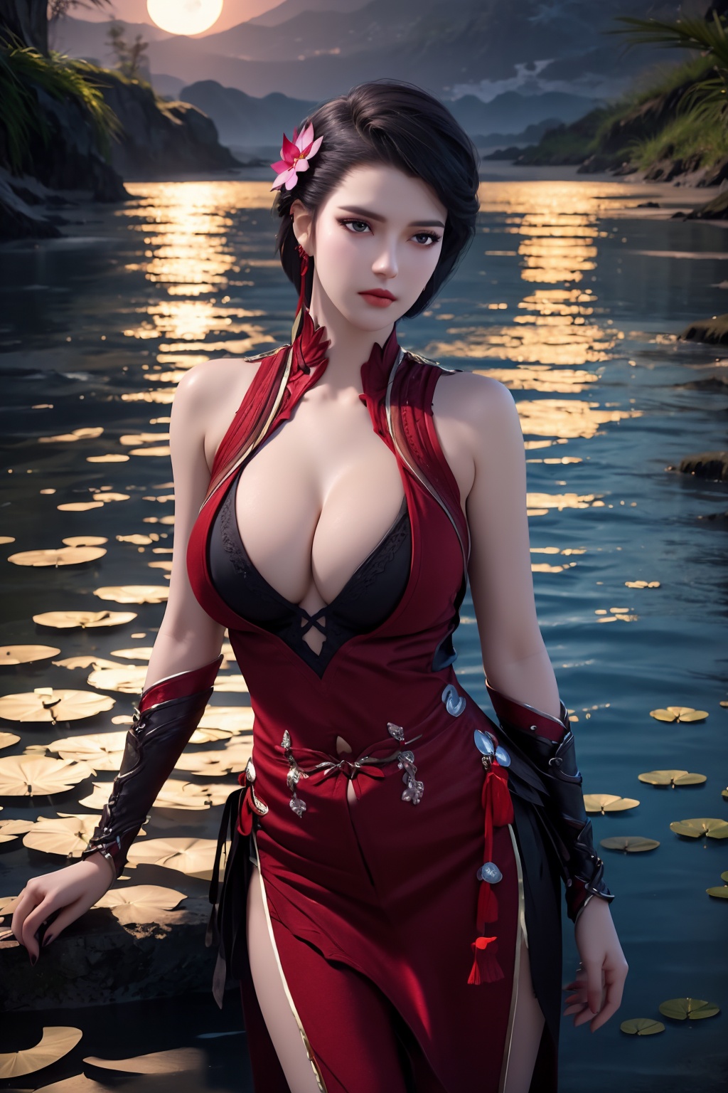 standing,dress,chinese clothes,flower,full_moon,moon,night,lily_pad,lotus,moonlight,nipples,water,night_sky,lily_\(flower\),sky,partially_submerged,1girl,solo,hair ornament,realistic,nail polish,photo_\(medium\),(big breasts, cleavage),makeup,(8k, RAW photo, best quality, masterpiece:1.2),(realistic, photorealistic:1.3),ultra-detailed,extremely detailed cg 8k wallpaper,(crystalstexture skin:1.2),extremely delicate and beautiful,(sexy pose:1.2),chinese dress,short hair