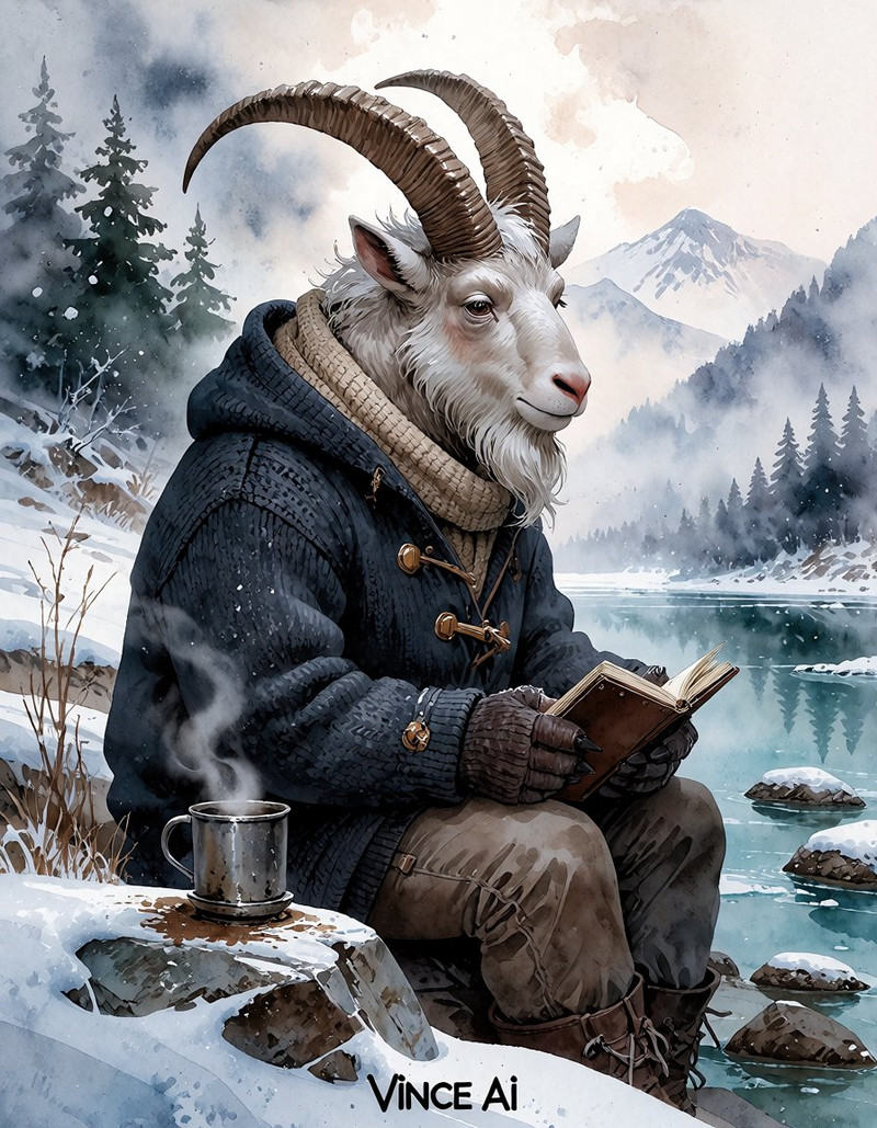 Watercolor portrait of an elderly anthropomorphic mountain goat sitting beside a frozen lake with a small notebook in his...