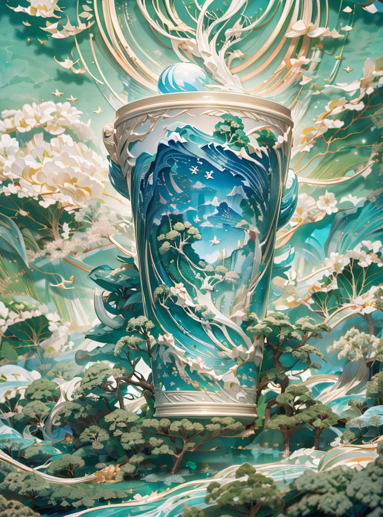 cup,cream organic fluid,(Masterpiece, high quality, best quality, official art, beauty and aesthetics: 1.2),Paper cups surrounded by emerald landscapes, milky white transparent water, Chinese three-dimensional landscape painting, Chinese Song Dynasty landscape painting, blue theme, surrealist dream style, cream organic fluid, light tracing, foreground occlusion, natural light, jungle, c4d, OC rendering, product photography