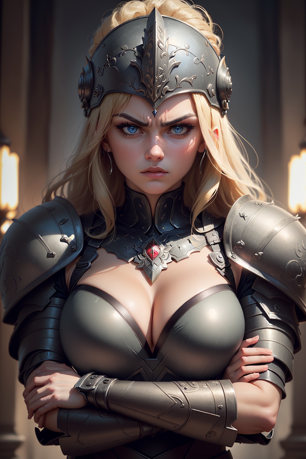 ((best quality)), ((masterpiece)), (detailed), beautiful face, female warrior, (defiance512:1.2), big eyes, heavy black iron armor, detailed helmet, intense gaze, battle-ready, contrasting soft skin, (lighting:1.2), close-up portrait, 4:3 aspect ratio