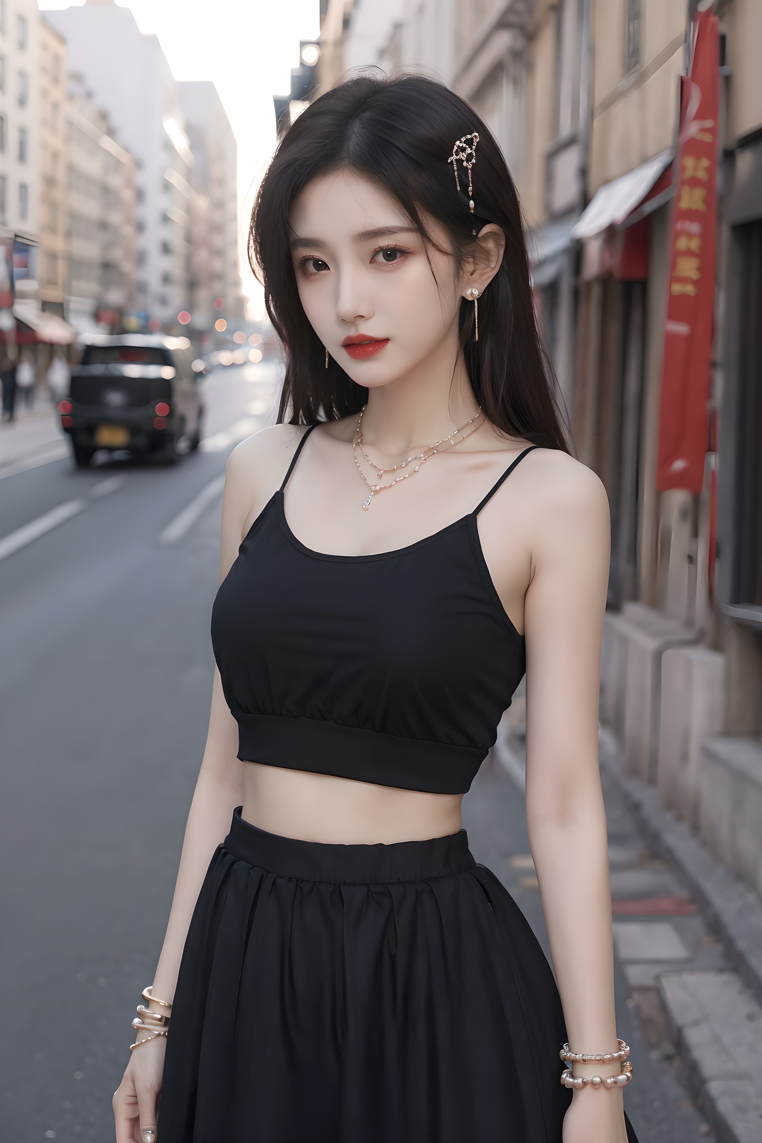 dzf,1girl,solo,long hair,roof,up_body,street,at sunset,looking at viewer,skirt,black hair,hair ornament,big tits,bare shoulders,jewelry,standing,collarbone,cowboy shot,earrings,parted lips,midriff,necklace,blurry,bracelet,lips,crop top,makeup,depth of field,blurry background,beads,long skirt,red lips,bangle,bead bracelet,<lora:减少AI感:0.35>,<lora:20240212-1707682573619:0.25>,<lora:abel好看的姿势:0.35>,<lora:abel光艺术:0.25>,