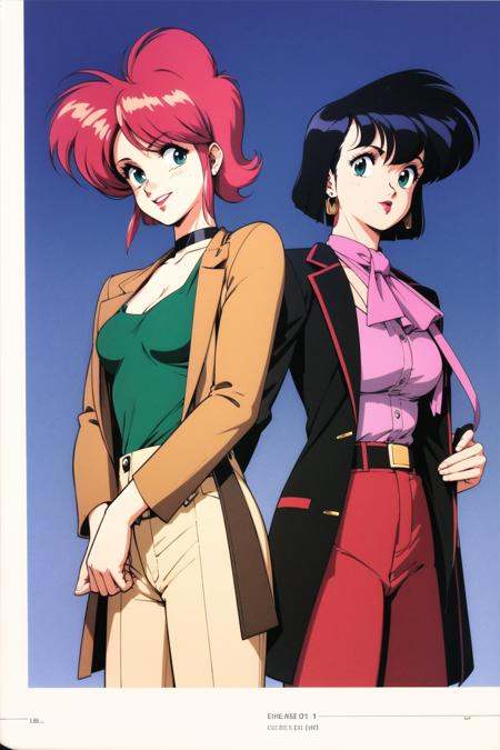 multiple girls, 2girls, retro artstyle, black hair, pink hair, blue eyes, short hair, earrings, 1990s (style), choker, jewelry, gun, long sleeves, open mouth, ascot, weapon, skirt, lipstick, smile, green eyes, gradient background, gradient, jacket, handgun, suspenders, coat, copyright name, hand on own chest, android, robot, shirt,<lora:Kenichi Sonoda:0.8>