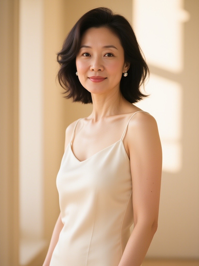 ss,a slender, fair-skinned Asian woman with shoulder-length black hair, wearing a sleeveless, cream-colored satin dress. She stands confidently in a softly lit, beige room with sunlight casting gentle shadows. Her expression is neutral, and she appears relaxed. The image has a minimalist, elegant aesthetic.<lora:SA-T-女性主义_S40.4:1>