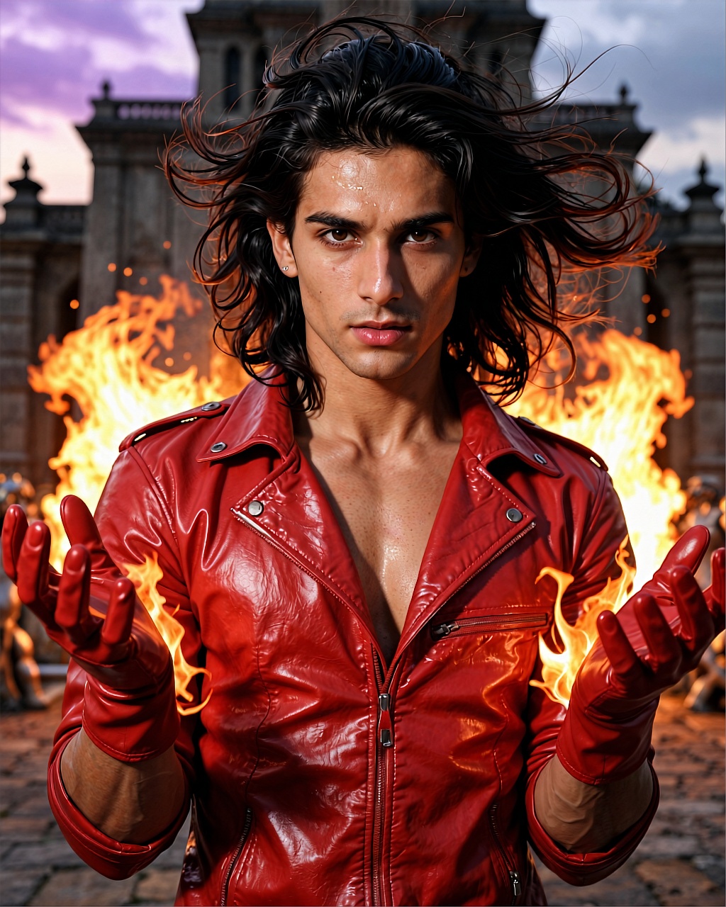 A strikingly handsome young man with deep South Asian ethnic features stands center-frame,  his face framed by voluminous...