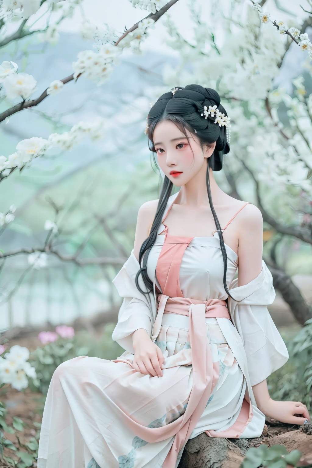 wfot-white-flowers-on-tree,1girl,whpls-white-hanfu-pleated-long-skirt,wh-white-hanfu,pb-pink-bellyband,solo,long hair,black hair,hair ornament,bare shoulders,sitting,flower,hair flower,hair bun,tree,branch,photo background,blurry,single hair bun,<lora:taqing:0.8>,