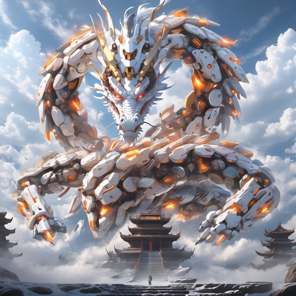 8k,High quality,high quality,morning sunshine,glowing body,mechanical joint,orange led light,high detailed mecha,high-precision mecha,mecha,exoskeleton mechanical armor,red eyes,outdoors,horns,sky,growing joint,day,cloud,blue sky,no humans,glowing,cloudy sky,scenery,eastern dragon,pagoda,building,flying,jet device,high detailed,white mecha,HD,black joint,<lora:mecha_loong_xl_v1:0.6>,a mecha dragon,