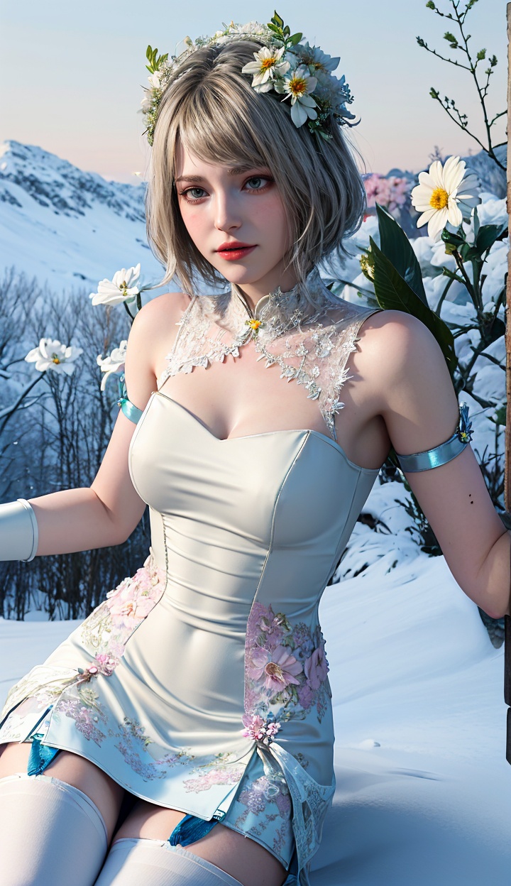masterpiece,highres,1girl,solo,sfw,<lora:add_detail:0.3>,thighhighs,((beautiful Dress+stocking):1.25),((flower headdress:1.45)),((white theme:1.5)),snow,outdoors,snowflakes,sleeveless,3D graphics,looking_at_viewer,front view,dynamic pose,ashley,<lora:ashleyre4r-000005:0.75>,