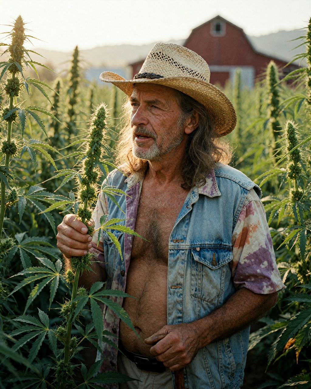 A rugged Caucasian man aged exactly 68 stands amid rows of towering hemp plants under golden hour sunlight casting long sh...
