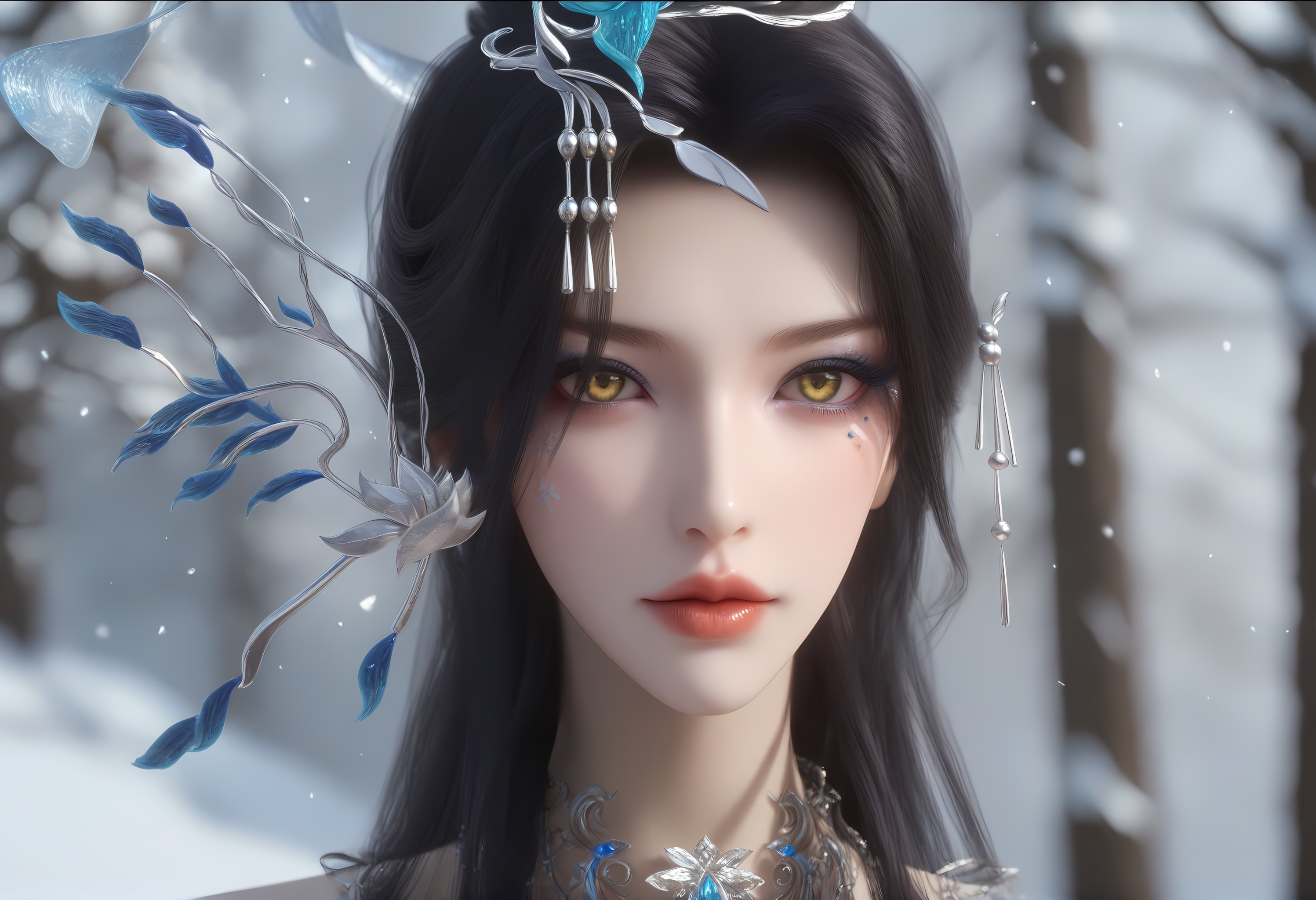 (score_9),portrait,(close-up),solo focus,(eye focus),<lora:云望舒-apony:0.83>,yunwangshu,1girl,solo,yellow eyes,long hair,hair ornament,black hair,updo,hair bun,mole under eye,eyeshadow,makeup,<lora:Expressive_H-000001:0.8>,front view,looking at viewer,<lora:e肤色滑块:0.35>,fair_skin,(pale_skin),(white_skin),light skin,ultra-detailed skin texture,detailed textures,BREAKsimple background,in snow,Tyndall effect,available light,depth of field,tree,snowflakes,branch,twig,4K ultra HD,sharp focus,high detail,natural lighting,high contrast,