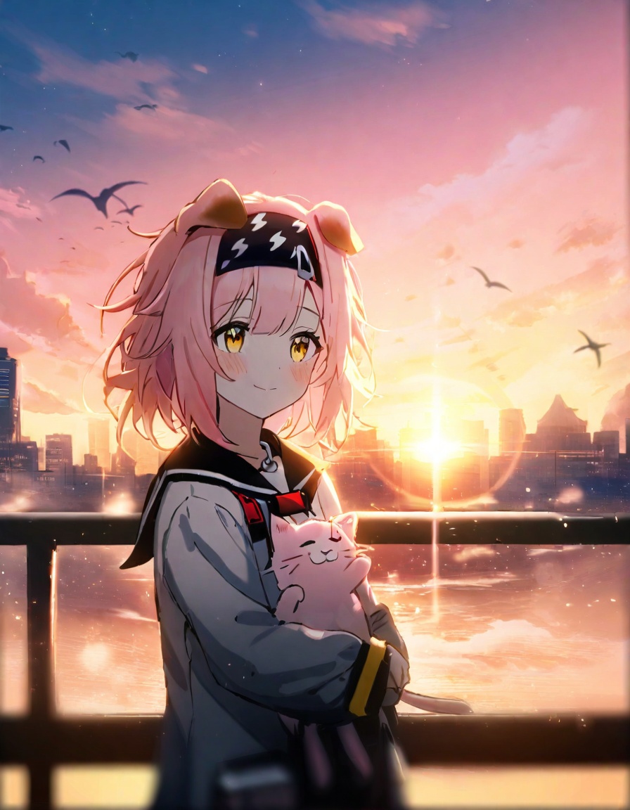 1girl, goldenglow \(arknights\),   cat ears, solo, blush, backlighting, blurry, crescent moon, dark, depth of field, film grain, hill, horizon, moon, outdoors, railing, sky, sunrise, water, wind, moody eerie, looking up, cloud, bokeh, pink sky, smile, lens flare, looking at animal, city, braid, cat, cityscape, yellow eyes, black hairband, hairband, cloudy sky, closed mouth, diffraction spikes, animal ears, pink theme, pink hair, masterpiece, best quality,  safe <lora:yy_xl_v1-000030:1>