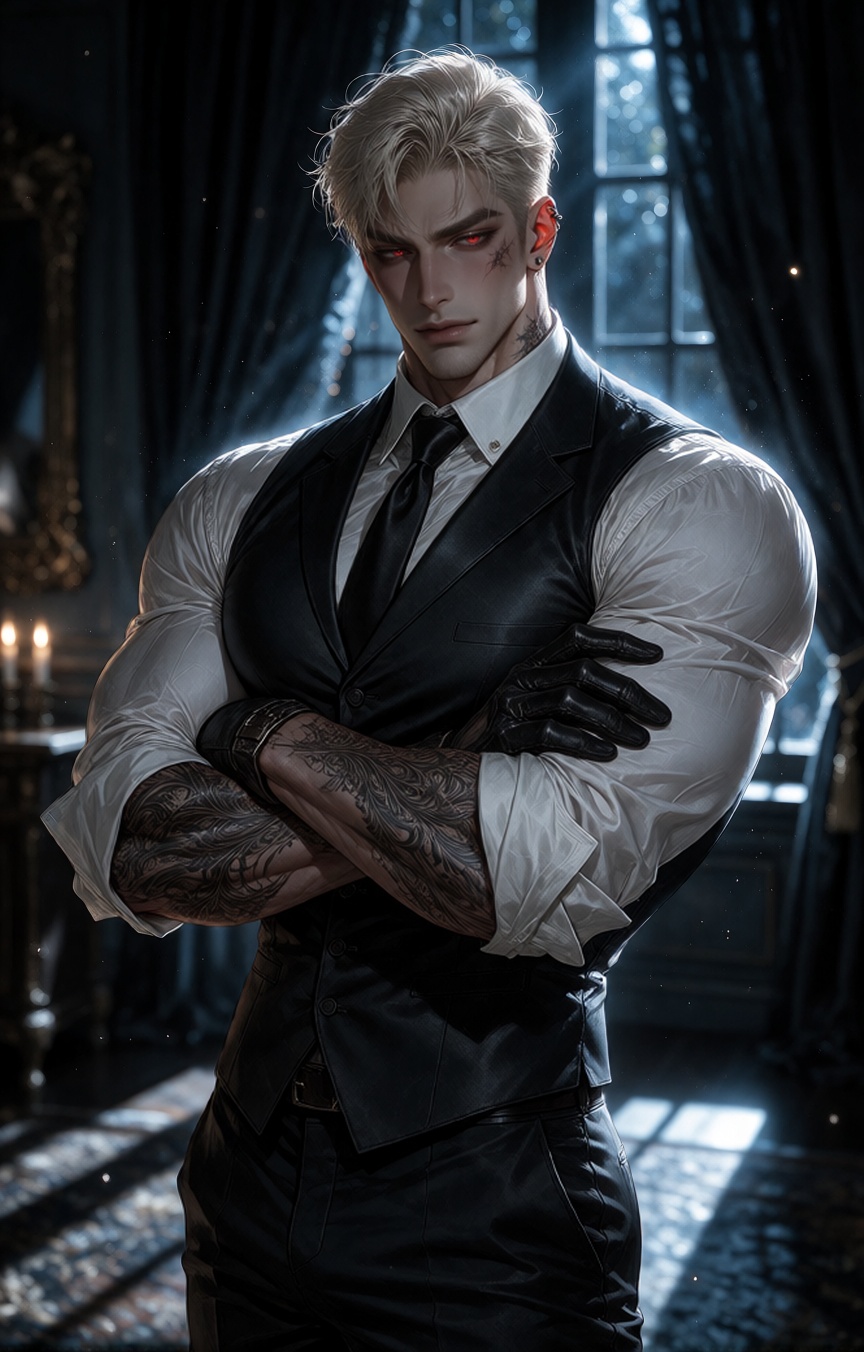 Dark fantasy digital painting with clean refined rendering,  soft cinematic lighting and luxurious contrast. A tall,  broa...