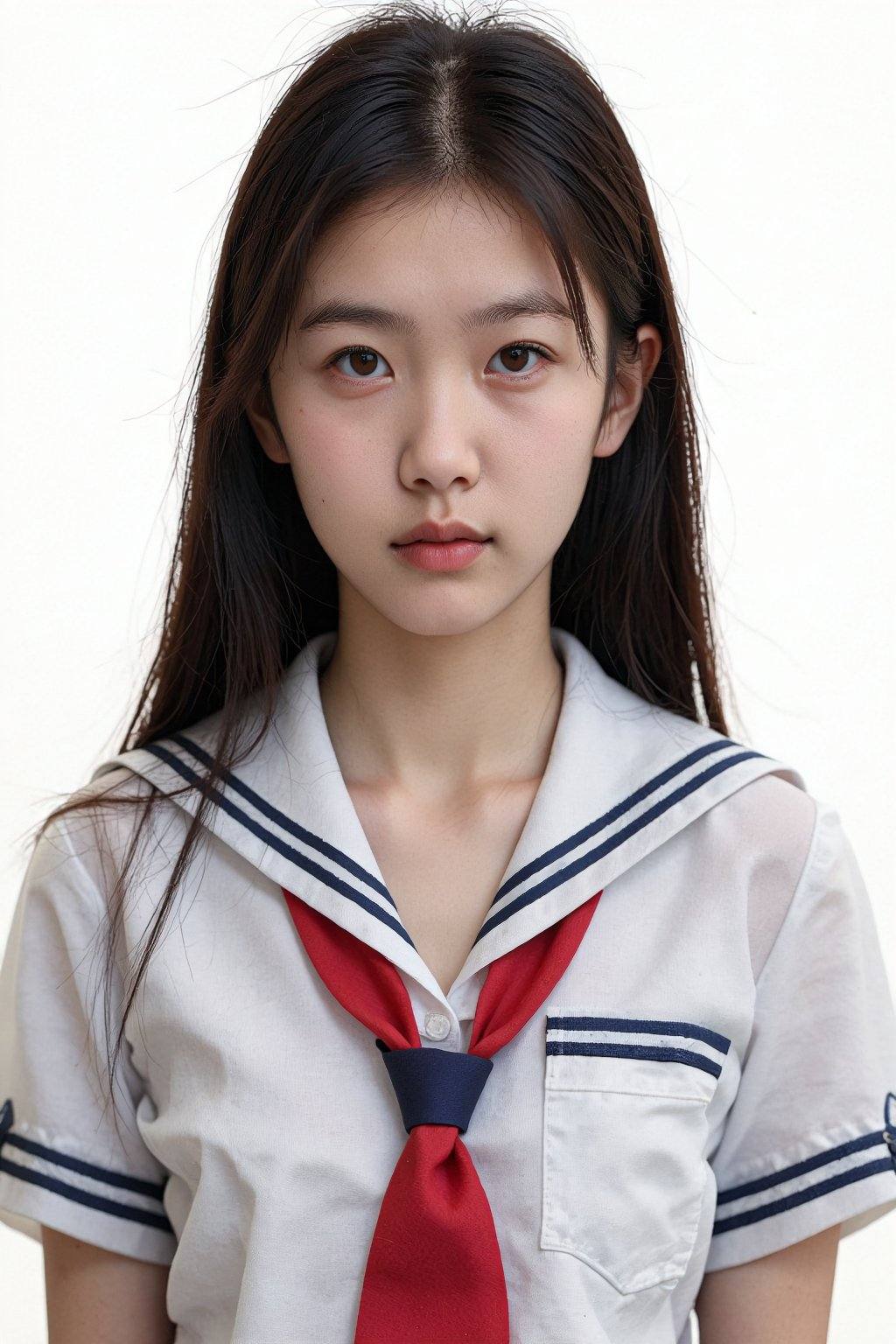 A young East Asian woman is centered in the frame,  directly facing the viewer. She appears to be in her late teens or ear...