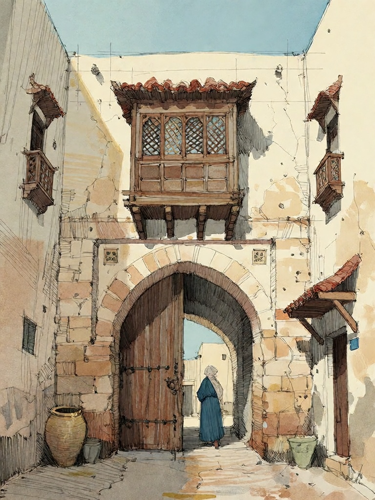 Bradhamel art style.****A sunlit,  detailed architectural scene of a traditional Middle Eastern or North African alleyway...