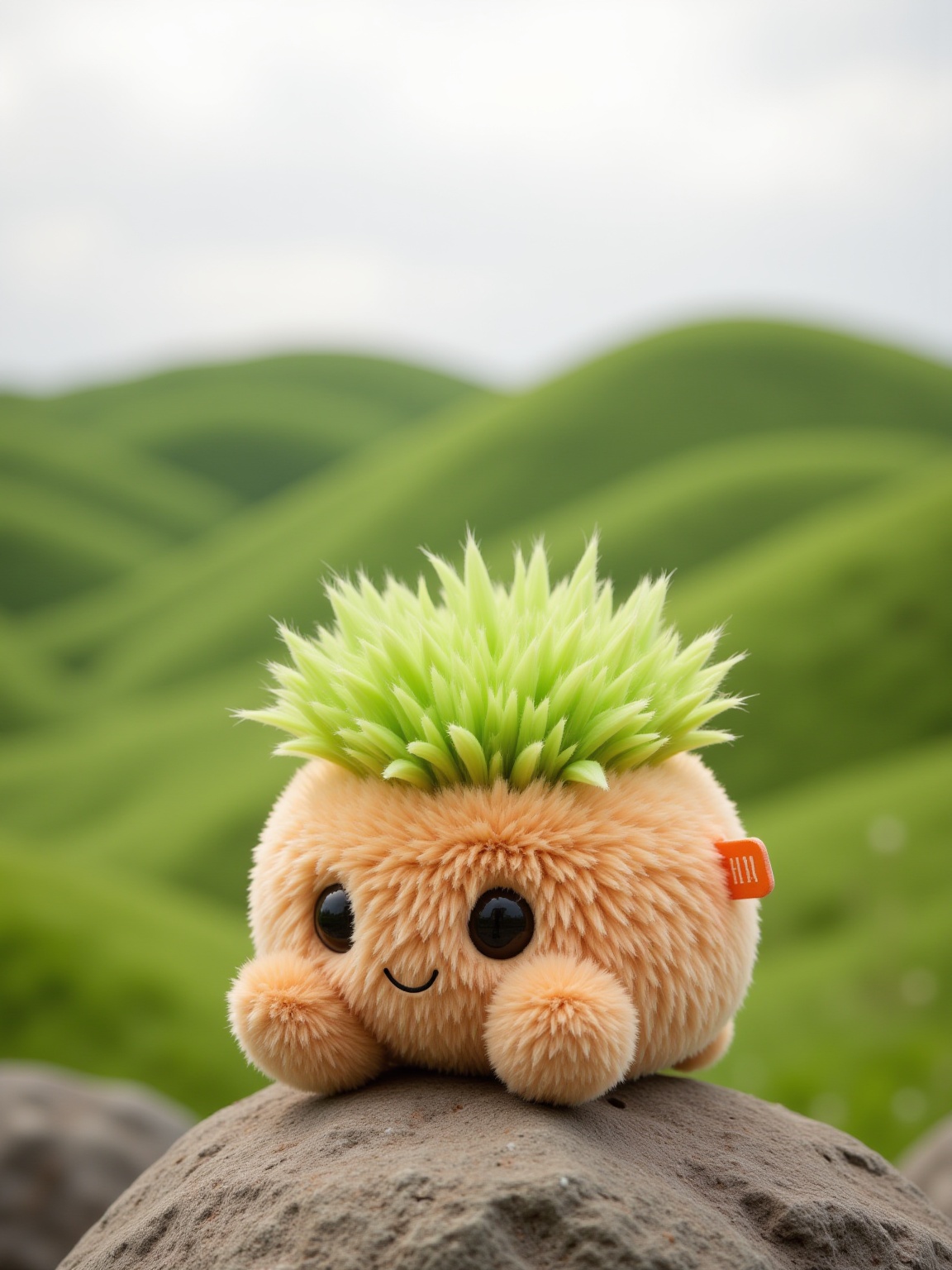 YY_plush,A photograph of a plush toy resembling a small,chubby,tan-colored hill with green grass on top,sitting on a gray rock. The toy has two large,round eyes and a small,orange tag with the word "HM" printed on it. The background features a lush,green hill with rolling waves of grass,creating a serene and natural setting. The sky is overcast,giving a soft,diffused light to the scene. The overall mood is peaceful and whimsical. The photo is taken from a low angle,emphasizing the toy's placement on the rock. The colors are vibrant and the textures are soft and plush.,<lora:YY-毛绒F.1:1>,