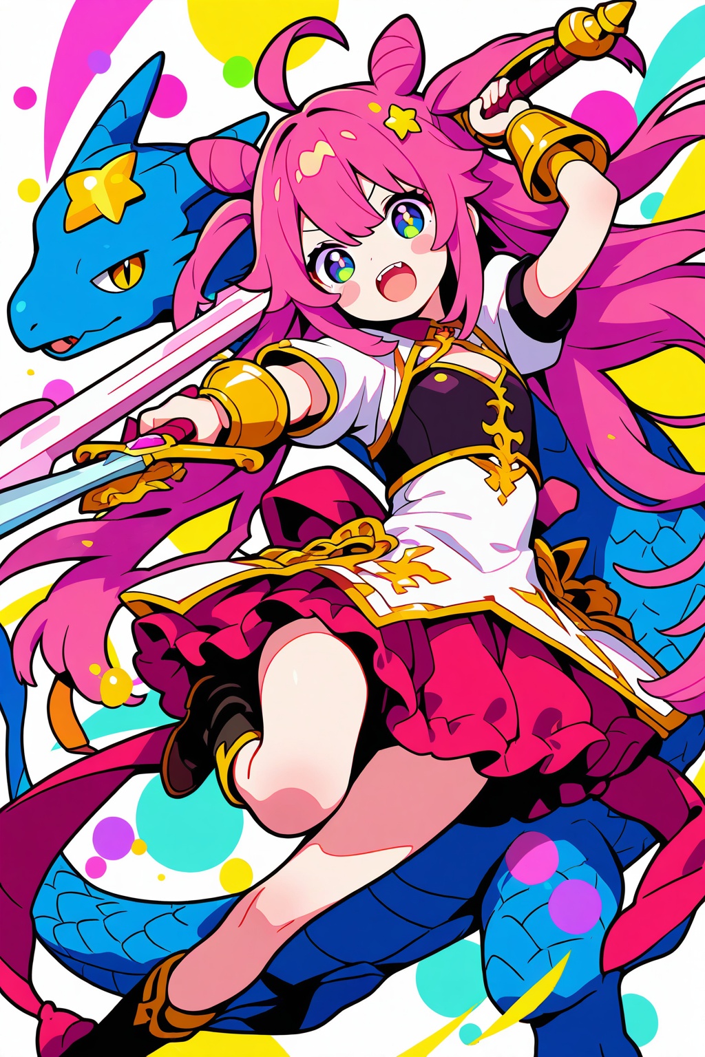 one dragon,1girl,kawaii,holding a sword,