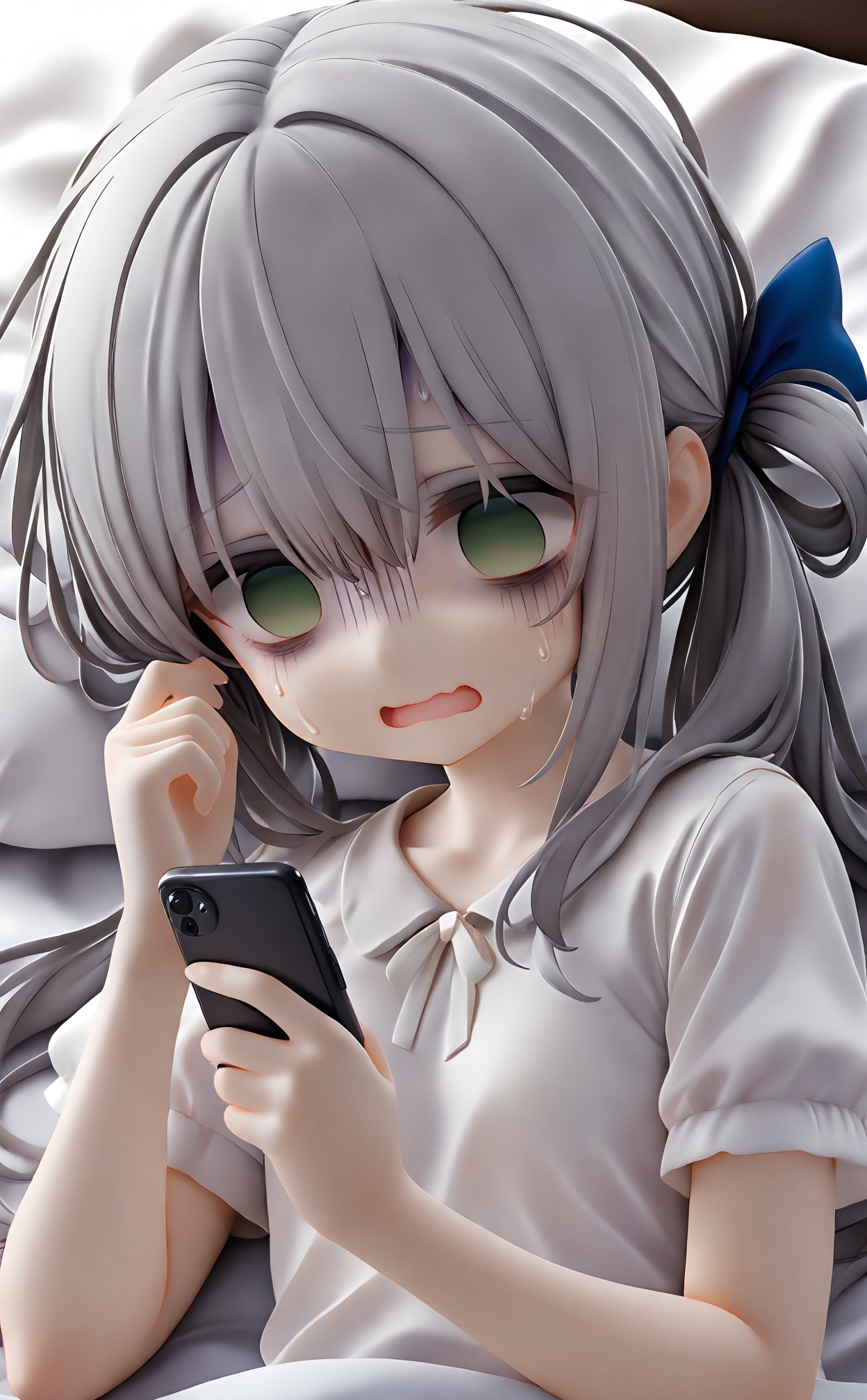 masterpiece,loli, phone, holding phone, holding, cellphone, grey hair, turn pale, bow, hair bow, green eyes, sweat, shirt, 1girl, smartphone, white shirt, on side, looking at phone, lying, open mouth, gloom (expression), blue bow, empty eyes, long hair, hair rings, short sleeves, solo, hand up, low twintails, shaded face, twintails, bed sheet, no pupils, bags under eyes, on bed, nervous sweating, upper body, portrait, looking at object, under covers, hair between eyes, wavy mouth,<lora:PVC5——【noob】hans:0.9>,
