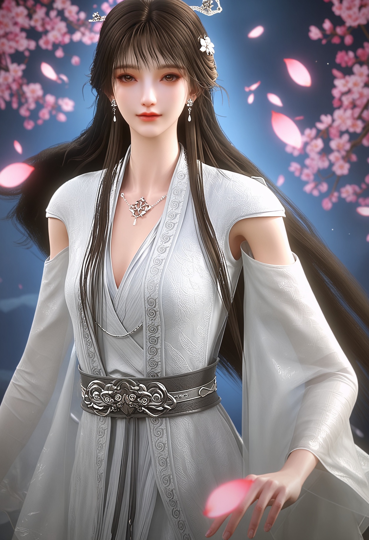 (upper_body:1.2),(looking at viewer:1.1),masterpiece,(best quality),smog,Dark room,dim lighting,peach blossom,falling petals,<lora:YQ_Illustrious光辉v5_雨馨_V1:0.9>,q1528437228,1girl,solo,long hair,earrings,jewelry,brown hair,hair ornament,dress,white dress,black hair,necklace,brown eyes,detached sleeves,chinese clothes,lips,long sleeves,hair bun,hair flower,wide sleeves,sash,boots,