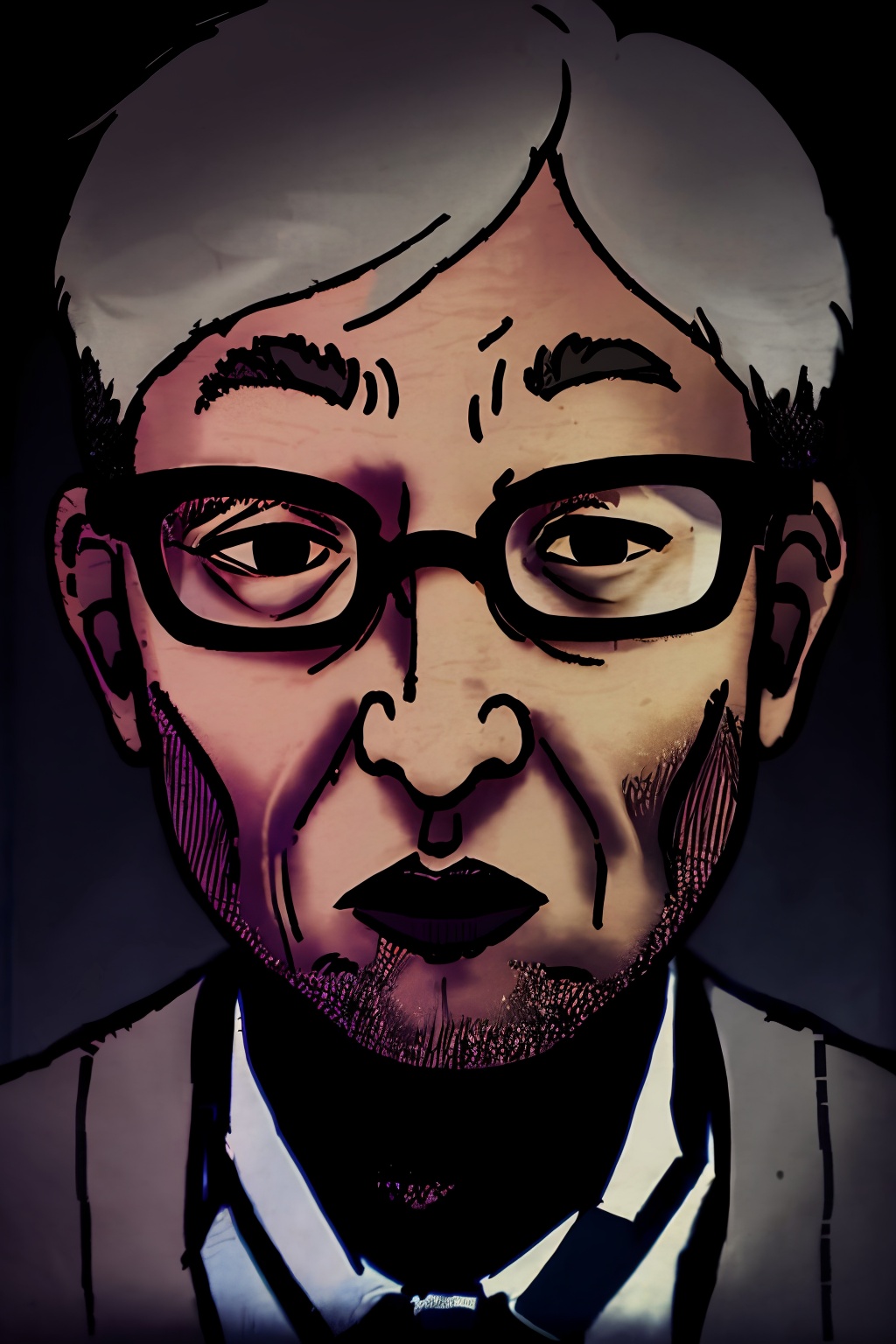 anzhiju_style, a man with glasses and a tie is staring at something in the distance with a creepy look on his face, solo, looking at viewer, 1boy, male focus, glasses, portrait, black-framed eyewear, old, old man, wrinkled skin, short hair, open mouth, grey hair, black eyes