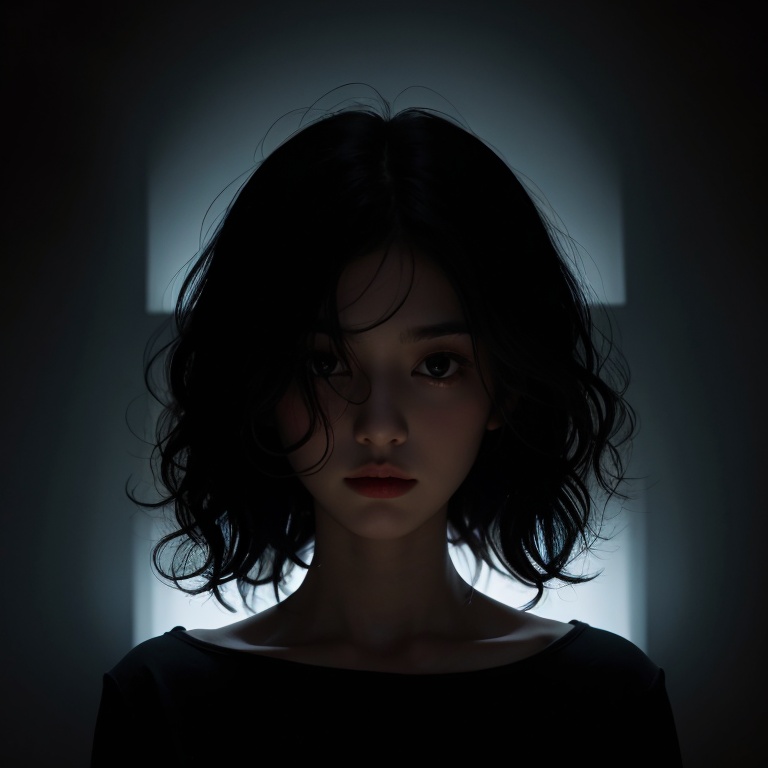 1girl,curly hair,in the dark,deep shadow,