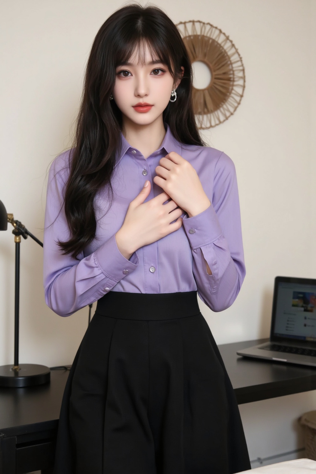 a young woman wearing a purple shirt and a black skirt. She has long black hair and a bangs,wearing white earrings,looking very fashionable. Her body is facing the camera,her hands are crossed and placed on her chest,her expression is calm and she is looking at the camera. The background is an indoor environment,there is a black table,a laptop is placed on the table,next to it there is a desk lamp. A brown circular decoration hangs on the wall.,