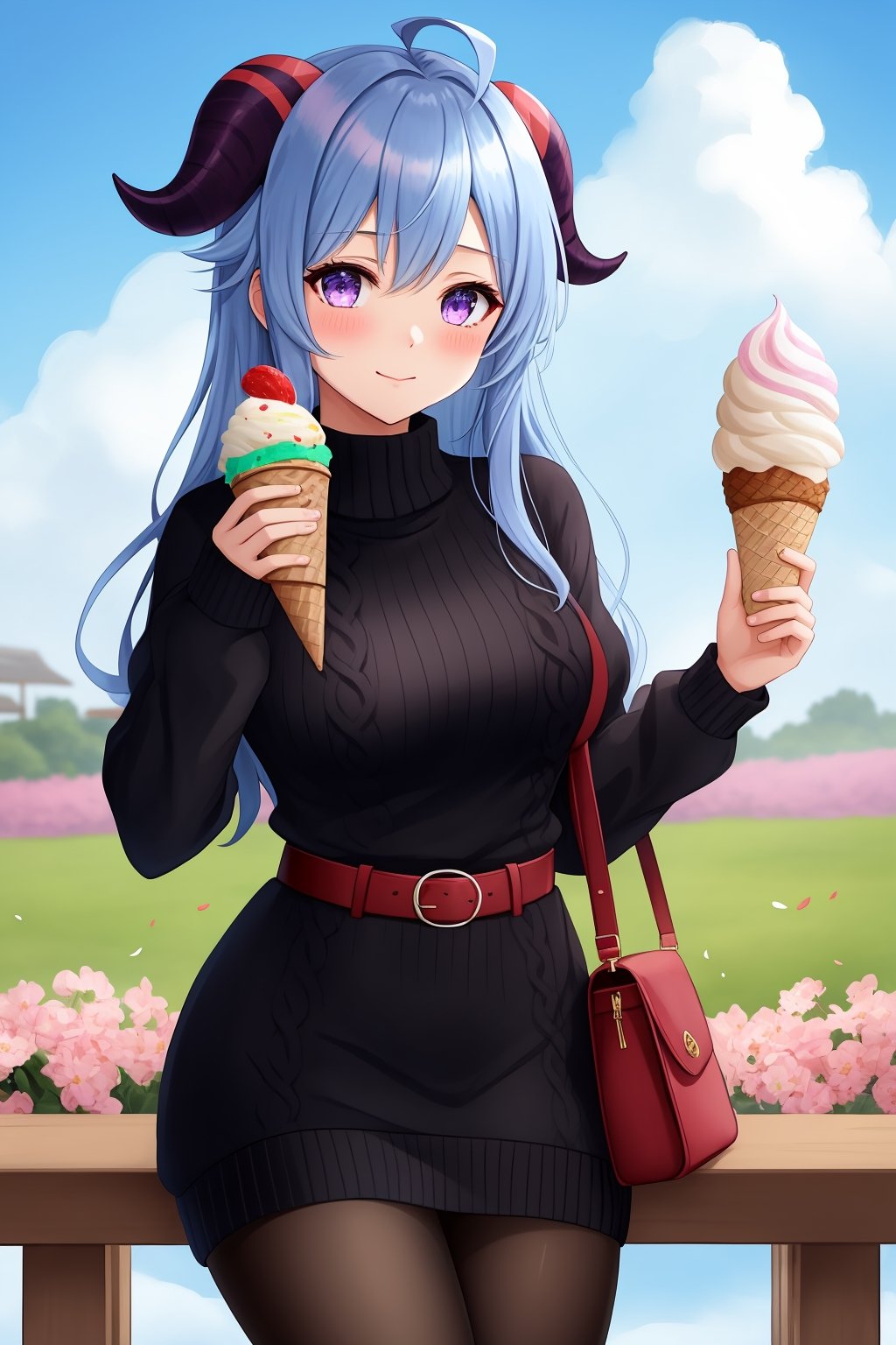 1girl,  solo,  long hair,  breasts,  looking at viewer,  blush,  bangs,  long sleeves,  dress,  holding,  hair between eyes,  closed mouth,  blue hair,  purple eyes,  flower,  ahoge,  pantyhose,  sidelocks,  outdoors,  food,  horns,  sky,  alternate costume,  day,  belt,  cloud,  bag,  sweater,  black pantyhose,  petals,  holding food,  casual,  handbag,  ice cream,  sweater dress,  goat horns,  falling petals,  ice cream cone,  purple sweater,  ganyu \(genshin impact\),