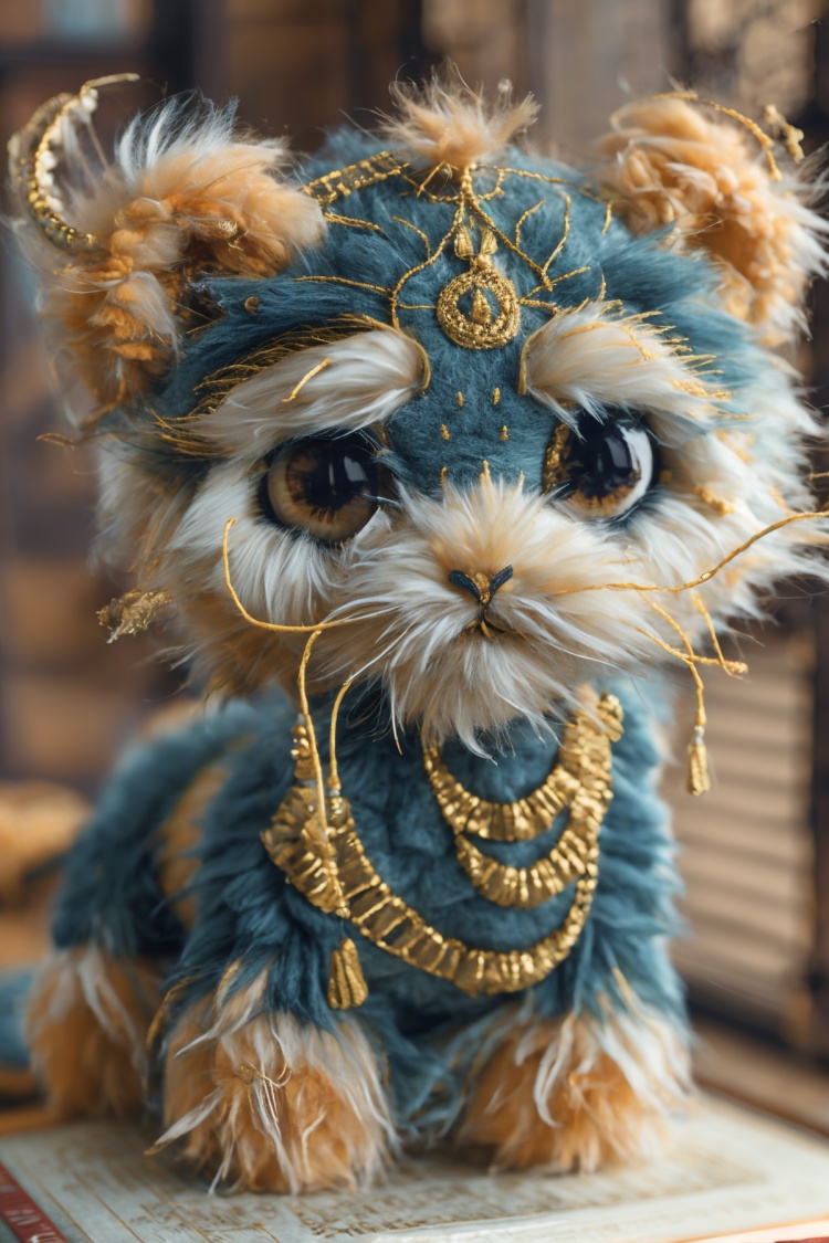 (best quality),(masterpiece),embroider,cat,no humans,animal focus,solo,looking at viewer,realistic,animal,book,full body,hair ornament,brown eyes,<lora:embroiderDoll:0.8>,