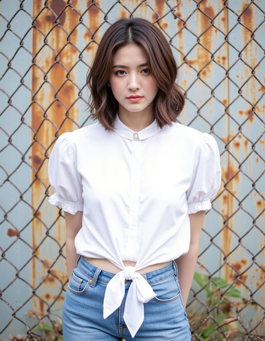Vibrant colors infused with mixed colorism,soft_light_style,Vibrant colors infused with mixed colorism,soft_light_style,In the image,a young woman is the central figure,standing against a backdrop of a chain link fence. She is dressed in a white blouse,which is tied at the waist with a white bow. The woman's hair is styled in a bob,and she is wearing blue jeans. The fence behind her is rusted,suggesting it has been exposed to the elements for some time. The woman is looking directly at the camera,her expression neutral. The image is taken from a slightly elevated angle,providing a clear view of the woman and the fence.,