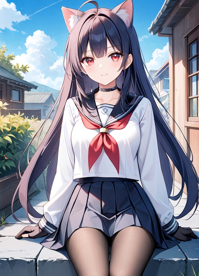 1girl,animal ears,solo,skirt,red eyes,school uniform,gloves,pantyhose,serafuku,black hair,long hair,cat ears,pleated skirt,animal ear fluff,sitting,black gloves,ahoge,looking at viewer,long sleeves,chain,shirt,black skirt,sailor collar,neckerchief,cover,white shirt,outdoors,black pantyhose,red neckerchief,day,closed mouth,cover page,breasts,extra ears,cloud,black sailor collar,miniskirt,collarbone,cat girl,bangs,sky,