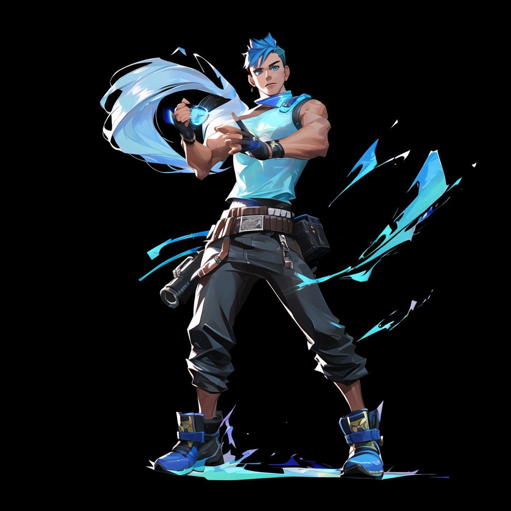solo,black background,gloves,fingerless gloves,blue hair,dark skin,pants,full body,bare shoulders,blue eyes,belt,shoes,<lora:waluolante:1>,1boy,pectorals,short hair,gatling,blue electroluminescence,