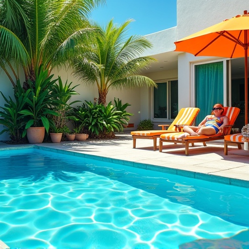 Generate an image of a serene poolside scene in the style of David Hockney. The composition should include a clear blue sw...