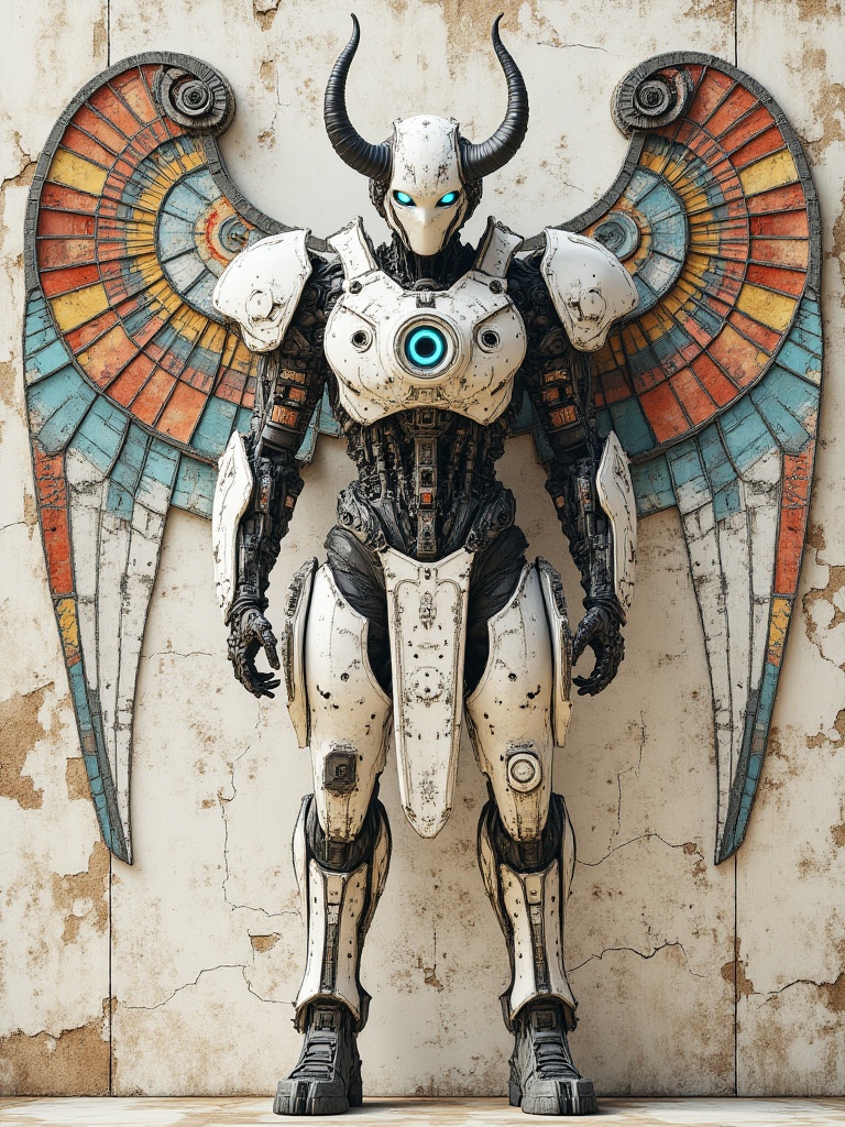 miluo_jqgk,A badass, humanoid robot stands against an ancient, worn stone wall. This metal beast has a white and black exoskeleton with glowing blue bits, big-ass wings with intricate designs, and two black horns. Its face is a mix of mechanical and human-like features. The scene mixes sci-fi with ancient vibes. <lora:米洛丨机器怪咖v1.3:1>