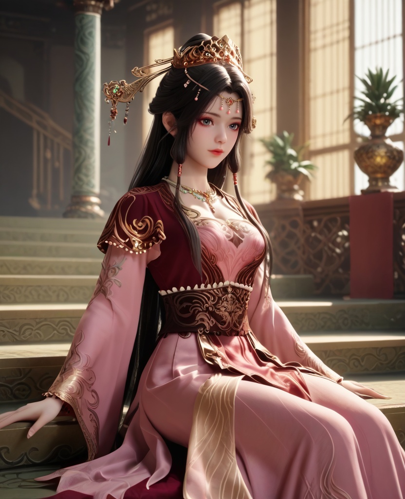 (oriental architecture, elegant decor, sophisticated style:1.1),(Sitting on a staircase with legs dangling,:1.1),(breasts:1.2),<lora:XL16牧神记灵毓秀:0.95>,miss lingyuxiu,red short top worn over pink tiered dress,grey eyes,black hair,draped chignon with front tubes hair,very long hair,necklace,wide flowing sleeves,red petticoat,pelvic curtain,, score_9,score_8_up,score_7_up,score_6_up,score_5_up,score_4_up,3d rendering,tag1,tag2, Cinematic Lighting,backlighting,