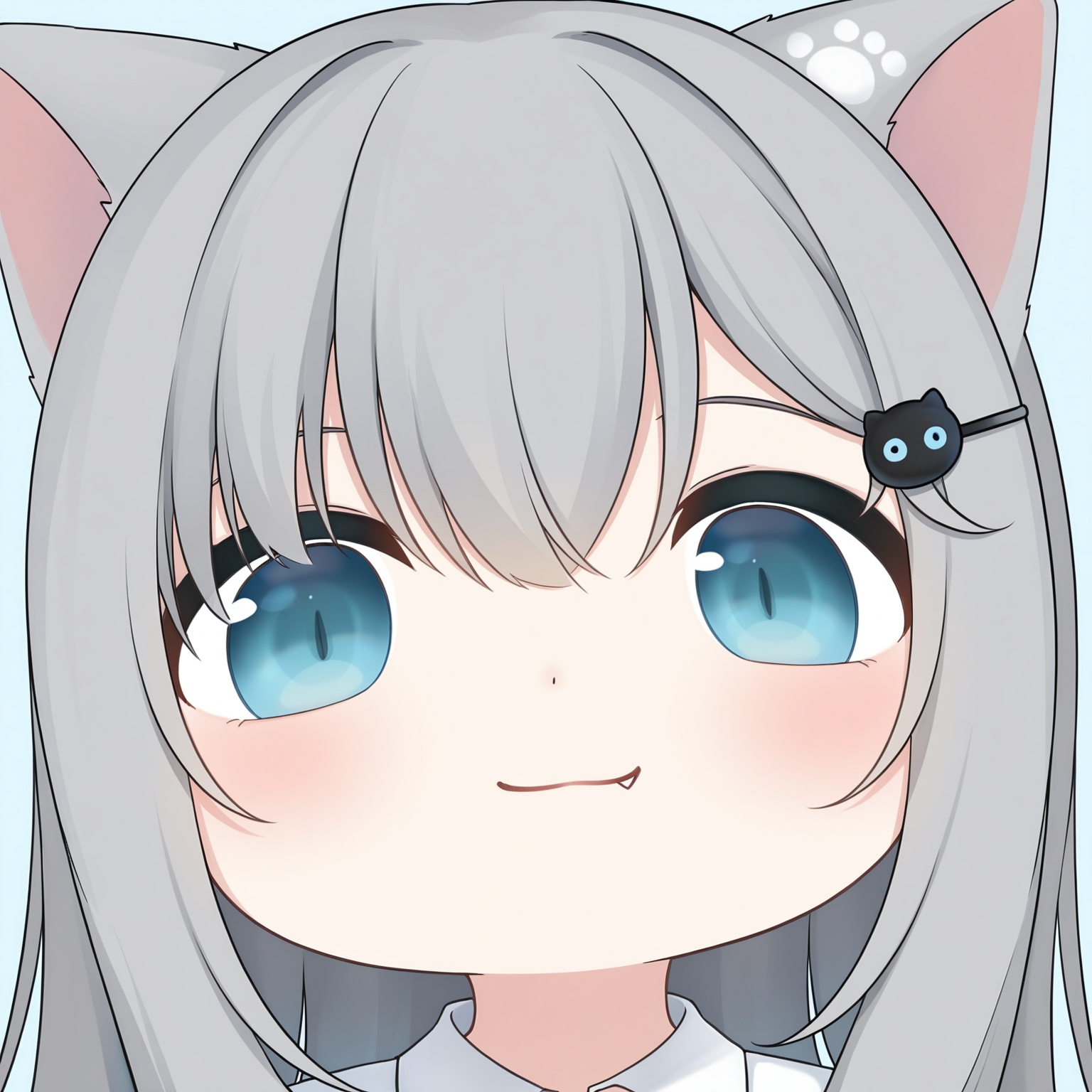 chibi, goofy ahh big head, slit pupils, slit pupils, amashiro natsuki,CHARACTERS-nachoneko, 1girl, animal_ears, solo, hair_ornament, grey_hair, fang, closed_mouth, hairclip, looking_at_viewer, cat_ears, blue_eyes, smile, blue_background, portrait, fang_out, hair_between_eyes, blush, long_hairmasterpiece, best quality, newest, highres,absurdres, <lora:noob_v_bighead-000005:0.85> <lora:amashiro_natsuki_vp_NEWEST_V70_HE_MERGE_TF32:0.55>