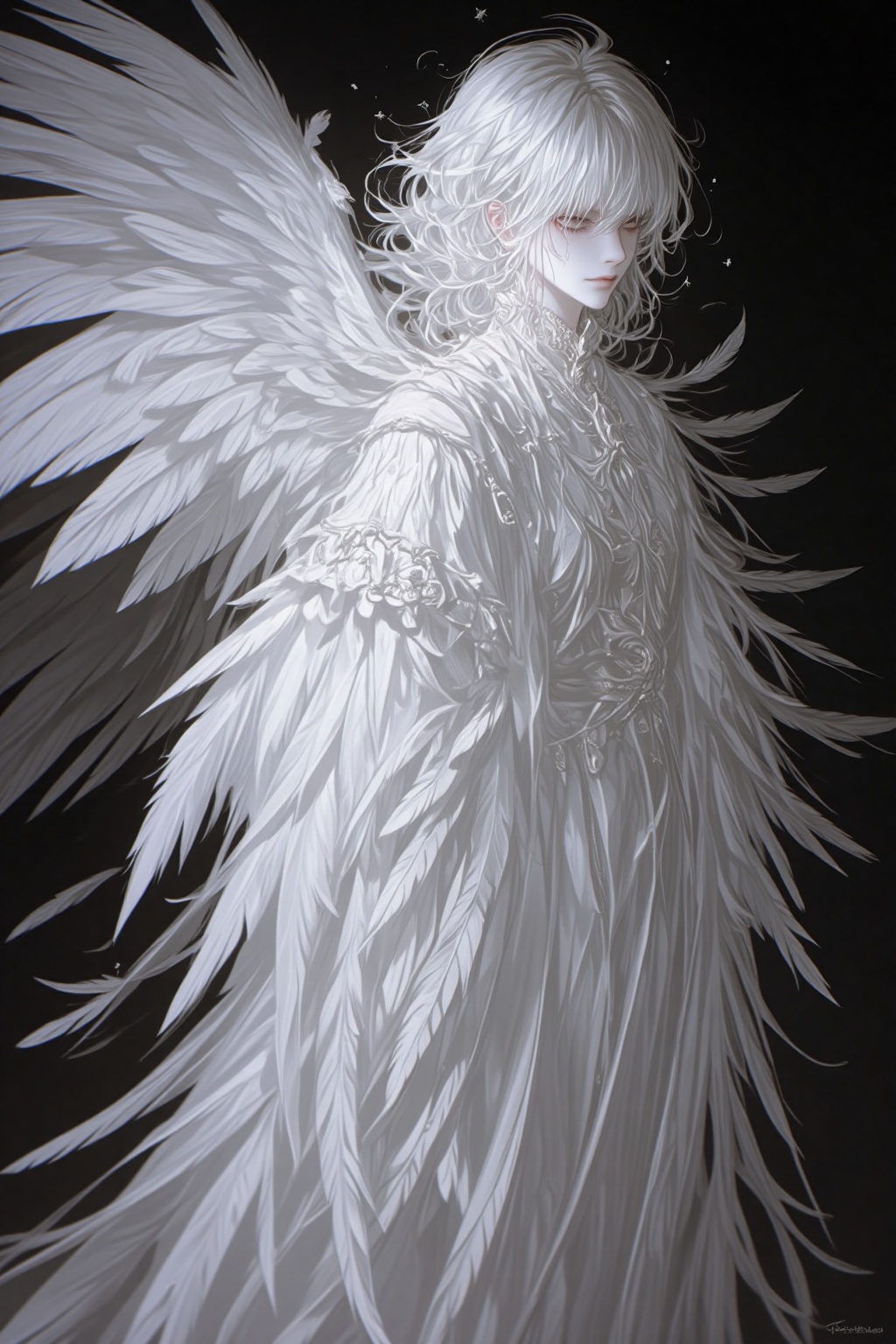 ZOZ_WEIMEIW,This is a digital painting of a tall,ethereal figure with flowing,white,feathered wings and intricate,ornate robes. The figure has pale skin,curly white hair,and a serene expression. The background is dark,emphasizing the luminous,textured details of the robes and wings. The style is highly detailed and fantastical,reminiscent of gothic or fantasy art.,