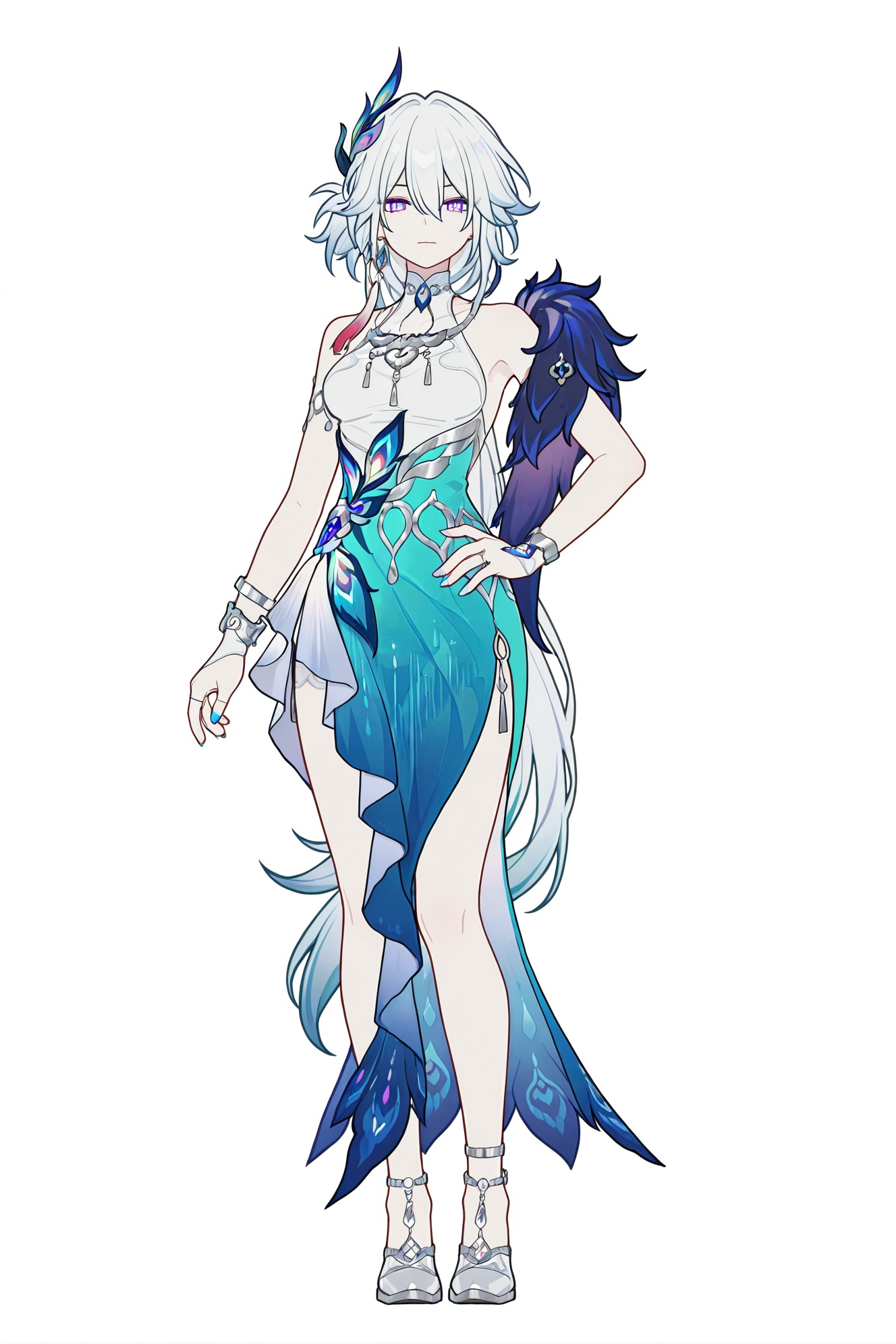 masterpiece,best quality,very aesthetic,absurdres,f1atg1r1,newest,very awa,newest,very detailed,luminous Contrast,highlights,rating_explicit,vibrant,perfect anatomy,sharp details,high contrast,kawaii anime style,vivid colors,pastel colors,realistic,(flat color:2),(flat vector:1.5),full body,full shot,standing,(solo:1.2),simple background,(white background:1.2),hand on own hip,(white background:1.1),looking at viewer,<lora:yaoguang-ill-Tanger:0.8>,Yao Guang \(Honkai: Star Rail\), clothes: lightcyan dress, blue one-shoulder fur outfit, 1girl, long hair, hair ornament, jewelry, purple eyes, white hair, multicolored hair, earrings, white footwear, feathers