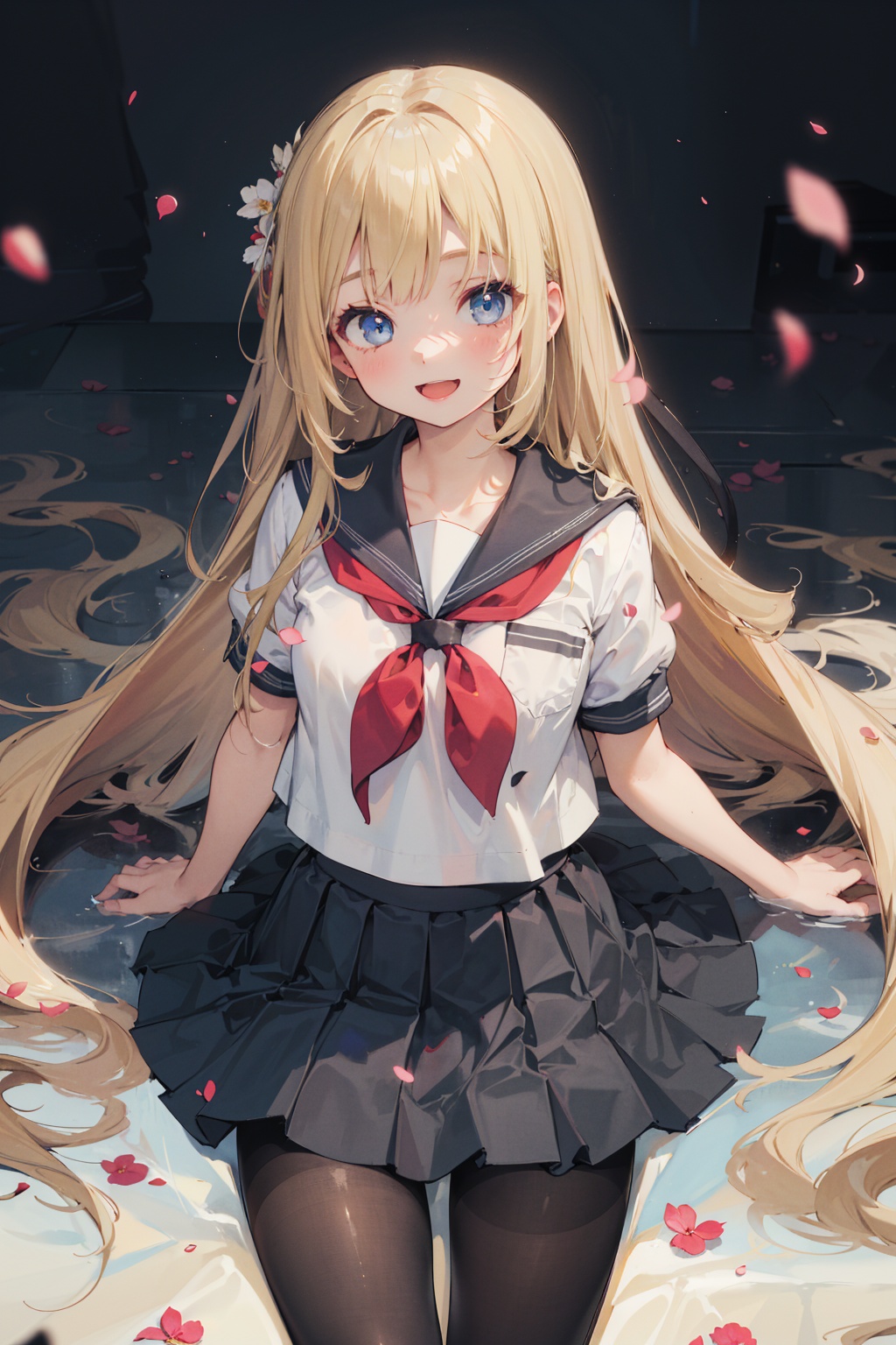 (best quality),((masterpiece)),(highres),illustration,original,extremely detailed,1girl,solo,pantyhose,long hair,solo,school uniform,blonde hairserafuku,skirt,black pantyhose,blue eyes,petals,hime cut,smile,open mouth,very long hair,